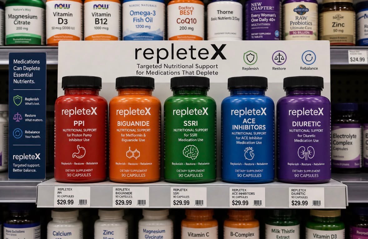 Concept visualization of a future Repletex product line on a retail shelf, showing branded bottles for PPI, biguanide, SSRI, ACE inhibitor, and diuretic medication classes.